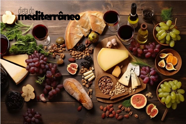 vista superior de mesa farta exibindo os muitos ingredientes da dieta do mediterrâneo