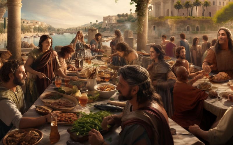 imagem de Roma antiga; muitas pessoas sentadas à mesa e apreciando maravilhoso banquete da dieta do mediterrâneo