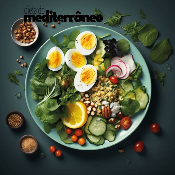 Uma imagem detalhada e vívida de uma refeição ovovegetariana saudável, apresentando uma salada com ovos cozidos, quinoa e outras proteínas vegetais