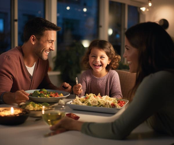 Uma família sentada à mesa durante o jantar. A mesa está cheia de pratos saudáveis e coloridos. A criança está sorrindo e pegando uma nova leguminosa com curiosidade, enquanto os pais a observam com um olhar encorajador. Ao fundo, a sala é bem iluminada e a TV está desligada, destacando o foco na refeição em família.